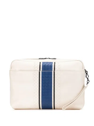 Pre-owned Bottega Veneta 2012-2024 Intrecciato Trimmed Leather Wristlet Clutch Bag In Blue