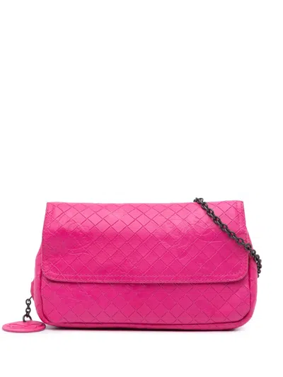 Pre-owned Bottega Veneta 2012-2024 Leather Intrecciomirage Butterfly Chain Flap Crossbody Bag In Pink
