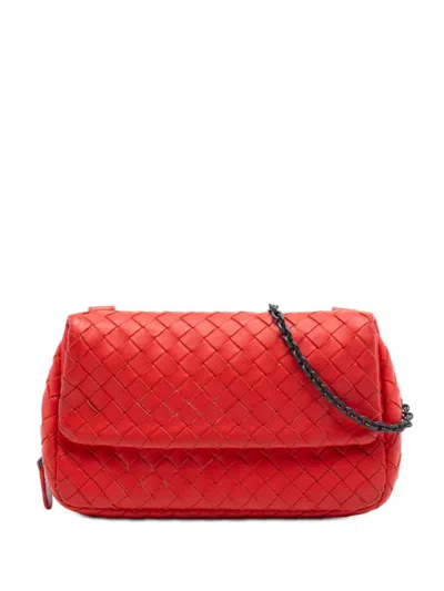Pre-owned Bottega Veneta 2012-2024 Mini Nappa Intrecciato Expandable Chain Flap Crossbody Bag In Red