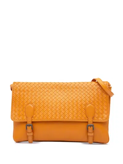 Pre-owned Bottega Veneta 2012-2024 Nappa Intrecciato Flap Shoulder Bag In Orange