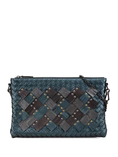 Pre-owned Bottega Veneta 2012-2024 Nappa Intrecciato Studded Biletto Chain Crossbody Bag In Blue