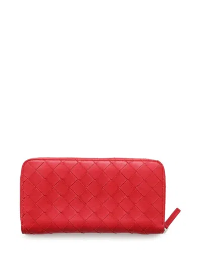 Pre-owned Bottega Veneta 2012-2024 Nappa Intrecciato Zip Around Wallet Long Wallets In Red