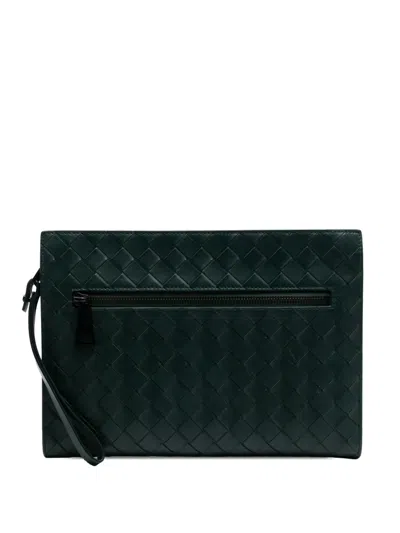 Pre-owned Bottega Veneta 2012-2024 Small Calfskin Intrecciato Document Case With Wristlet Clutch Bag In Green
