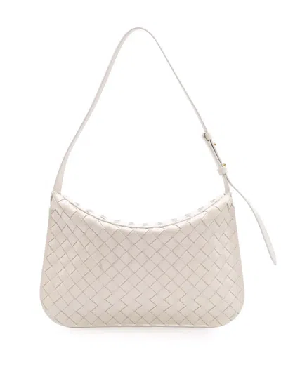 Pre-owned Bottega Veneta 2012-2025 Brushed Calfskin Intrecciato Cradle Fold Over Shoulder Bag In White