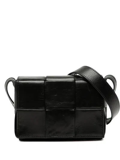 Pre-owned Bottega Veneta 2012-2025 Candy Paper Calfskin Intrecciato Cassette Crossbody Bag In Black