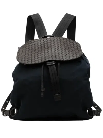 Pre-owned Bottega Veneta 2012-2025 Canvas And Nappa Intrecciato Flap Backpack In Blue