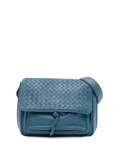 Pre-owned Bottega Veneta 2012-2025 Intrecciato Trimmed Nappa Flap Crossbody Bag In Blue