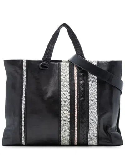 Pre-owned Bottega Veneta 2012-2025 Intrecciato Trimmed Nappa Vertical Stripe Tote Satchel In Black