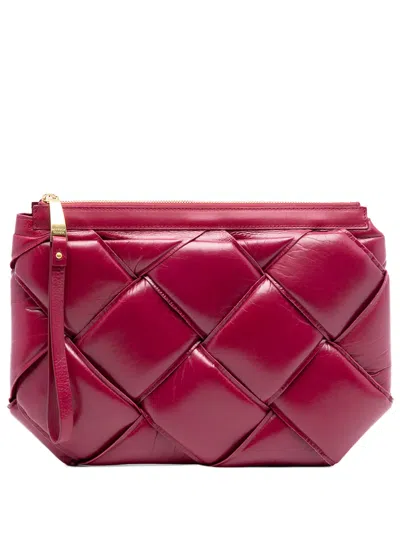Pre-owned Bottega Veneta 2012-2025 Lambskin Maxi Intrecciato Padded Pouch Clutch Bag In Red