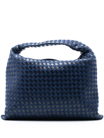 Pre-owned Bottega Veneta 2012-2025 Large Calfskin And Denim Intrecciato Hop Hobo Bag In Blue