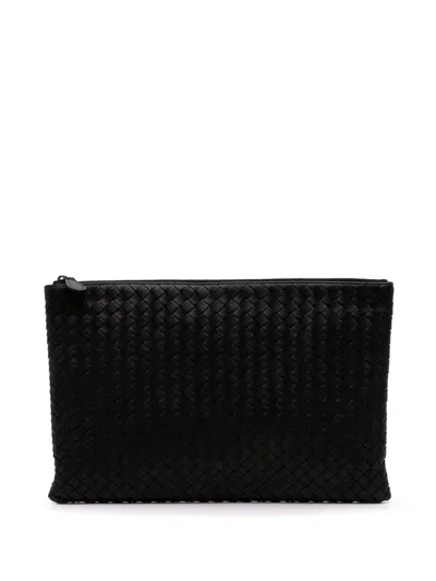 Pre-owned Bottega Veneta 2012-2025 Large Nappa Intrecciato Flat Zip Biletto Pouch Clutch Bag In Black