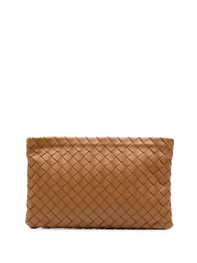 Pre-owned Bottega Veneta 2012-2025 Large Nappa Intrecciato Flat Zip Pouch Clutch Bag In Brown