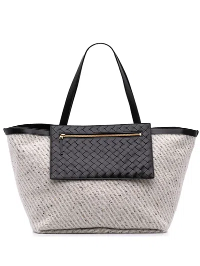 Pre-owned Bottega Veneta 2012-2025 Large Wool And Calfskin Flip Flap Tote Bag In Gray