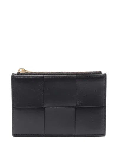 Pre-owned Bottega Veneta 2012-2025 Leather Maxi Intrecciato Cassette Zip Coin Pouch In Black