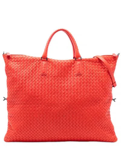 Pre-owned Bottega Veneta 2012-2025 Maxi Nappa Intrecciato Convertible Tote Travel Bag In Red