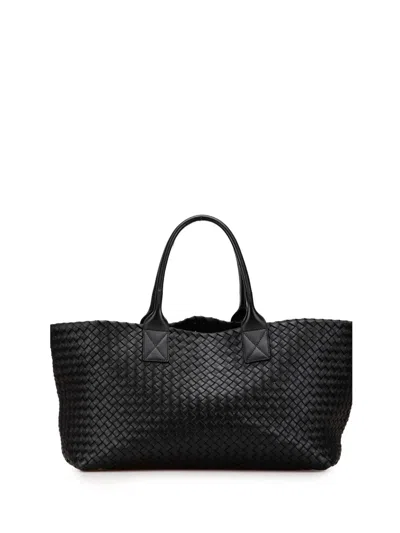 Pre-owned Bottega Veneta 2012-2025 Medium Lambskin Intreccio Cabat Tote Bag In Black