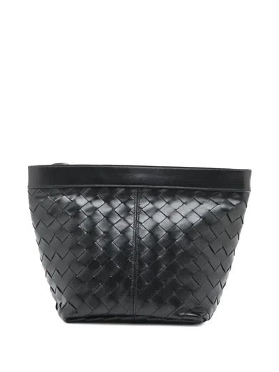 Pre-owned Bottega Veneta 2012-2025 Medium Nappa Intrecciato Flip Flap Pouch Clutch Bag In Black