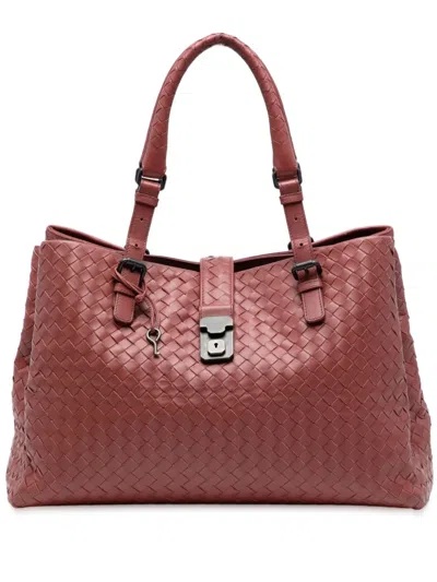 Pre-owned Bottega Veneta 2012-2025 Medium Nappa Intrecciato Roma Tote Bag In Red
