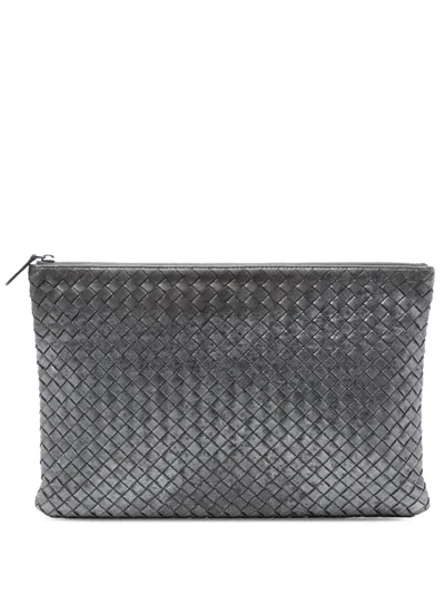 Pre-owned Bottega Veneta 2012-2025 Metallic Leather Intrecciato Clutch Bag In Gray