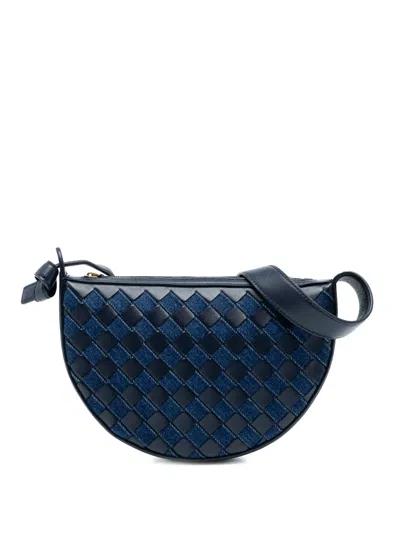 Pre-owned Bottega Veneta 2012-2025 Mini Leather And Denim Intrecciato Sunrise Hobo Bag In Blue