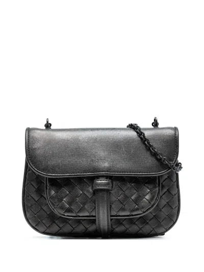 Pre-owned Bottega Veneta 2012-2025 Mini Metallic Nappa Intrecciato Chain Flap Crossbody Bag In Gray