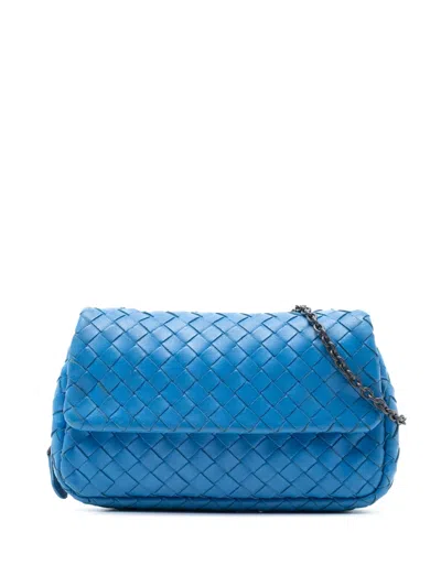 Pre-owned Bottega Veneta 2012-2025 Mini Nappa Intrecciato Expandable Chain Flap Crossbody Bag In Blue