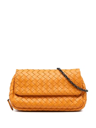 Pre-owned Bottega Veneta 2012-2025 Mini Nappa Intrecciato Expandable Chain Flap Crossbody Bag In Orange