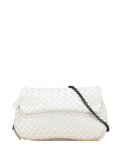 Pre-owned Bottega Veneta 2012-2025 Mini Nappa Intrecciato Expandable Chain Flap Crossbody Bag In White