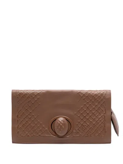 Pre-owned Bottega Veneta 2012-2025 Nappa Embossed Intrecciato Turnlock Clutch Bag In Brown