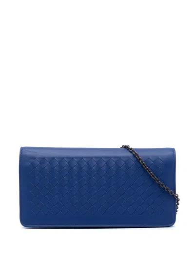 Pre-owned Bottega Veneta 2012-2025 Nappa Intercciato Flap Wallet On Chain Crossbody Bag In Blue