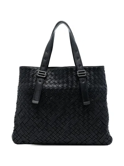 Pre-owned Bottega Veneta 2012-2025 Nappa Intrecciato Belted Flat Tote Bag In Black