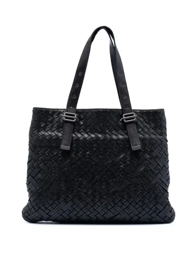 Pre-owned Bottega Veneta 2012-2025 Nappa Intrecciato Belted Flat Tote Bag In Black
