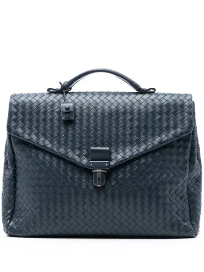 Pre-owned Bottega Veneta 2012-2025 Nappa Intrecciato Briefcase Business Bag In Blue