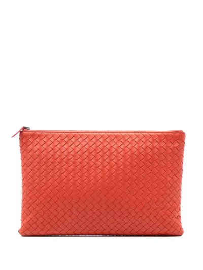 Pre-owned Bottega Veneta 2012-2025 Nappa Intrecciato Clutch Bag In Orange