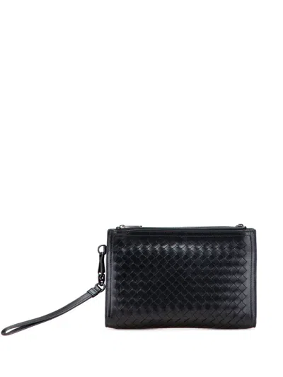 Pre-owned Bottega Veneta 2012-2025 Nappa Intrecciato Double Zip Clutch Bag In Black