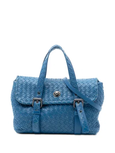 Pre-owned Bottega Veneta 2012-2025 Nappa Intrecciato Flap Satchel In Blue