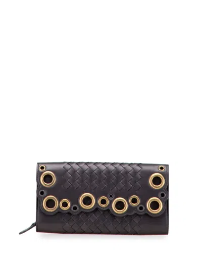 Pre-owned Bottega Veneta 2012-2025 Nappa Intrecciato Grommet Scalloped Edge Wallet Long Wallets In Black