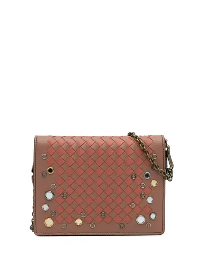 Pre-owned Bottega Veneta 2012-2025 Nappa Intrecciato Studded Wallet On Chain Crossbody Bag In Orange