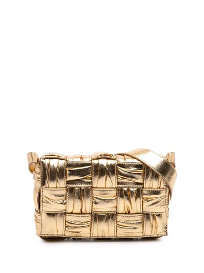 Pre-owned Bottega Veneta 2012-2025 Small Metallic Calfskin Intreccio Plisse Cassette Crossbody Bag In Gold