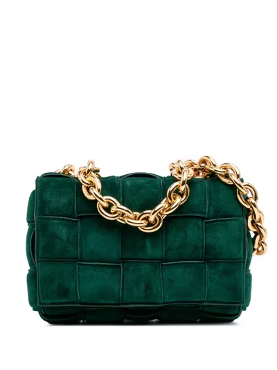 Pre-owned Bottega Veneta 2012-2025 Suede Intrecciato Padded Chain Cassette Satchel In Green