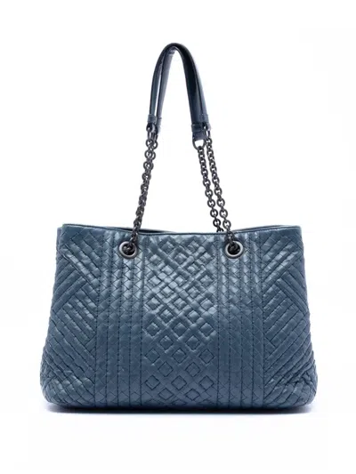 Pre-owned Bottega Veneta 2012-2025 Medium Nappa Intrecciato Stitched Double Chain Tote Bag In Blue