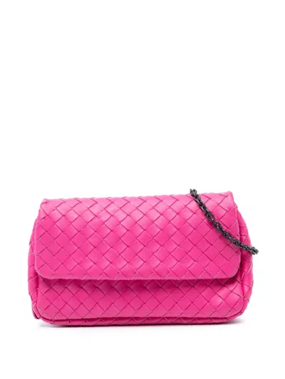 Pre-owned Bottega Veneta 2012-2025 Mini Nappa Intrecciato Expandable Chain Flap Crossbody Bag In Pink