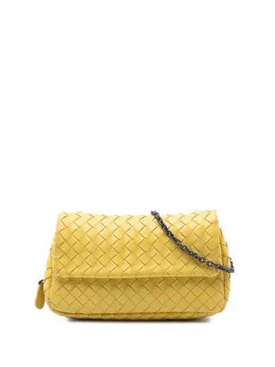 Pre-owned Bottega Veneta 2012-2025 Mini Nappa Intrecciato Expandable Chain Flap Crossbody Bag In Yellow