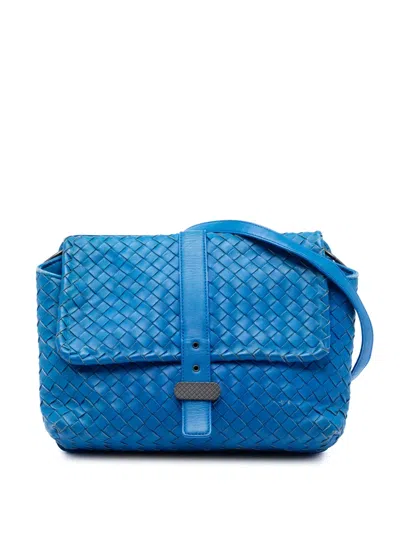 Pre-owned Bottega Veneta 2012-2025 Nappa Intrecciato Double Sided Flap Shoulder Bag In Blue