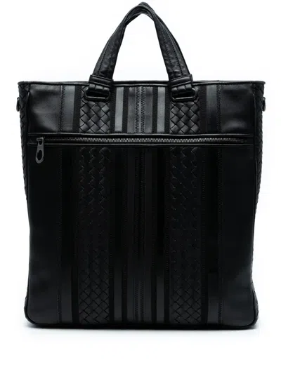 Pre-owned Bottega Veneta 2012-2025 Nappa Intrecciato Tech Stripe Convertible Tote Satchel In Black