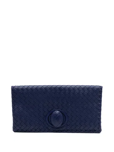 Pre-owned Bottega Veneta 2012-2025 Nappa Intrecciato Turn Lock Clutch Bag In Blue