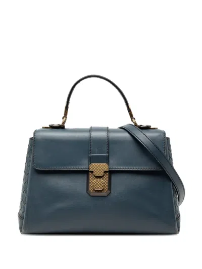 Pre-owned Bottega Veneta 2012-2025 Small Intrecciato Trimmed Nappa Piazza Top Handle Satchel In Blue