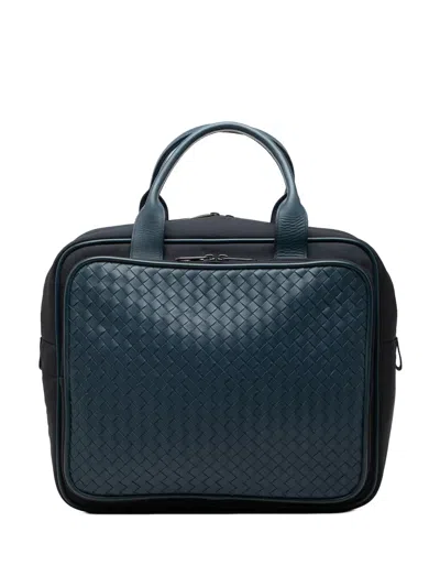 Pre-owned Bottega Veneta 2012-2026 Bicolor Nappa Intrecciato Trimmed Canvas Business Bag In Blue