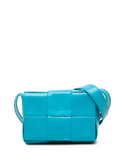 Pre-owned Bottega Veneta 2012-2026 Candy Paper Calfskin Intrecciato Cassette Crossbody Bag In Blue