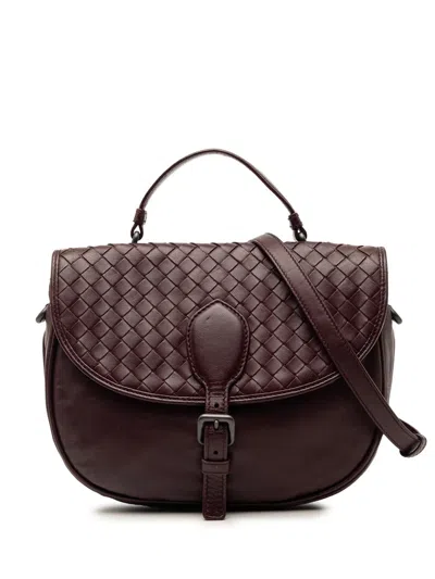 Pre-owned Bottega Veneta 2012-2026 Intrecciato Trimmed Leather Double Sided Flap Satchel In Red
